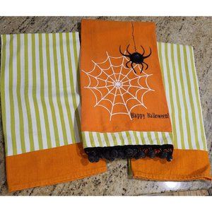 RITZ Set of 3 Kitchen Towels Happy Halloween Orange Black Green Spider Web
